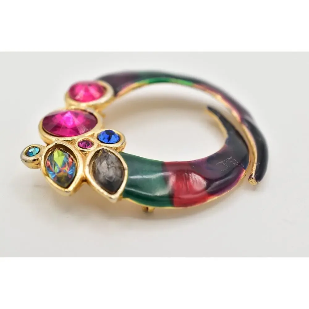 ECD Vintage Crystal Brooch Pin Multi-Color Enamel Gold Chunky 1980s Signed BinBG
